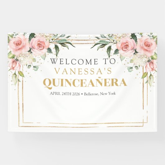 Moderne Boho blush roze bloemengoud Quinceañera Spandoek (Horizontaal)