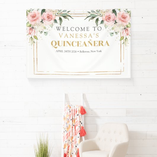 Moderne Boho blush roze bloemengoud Quinceañera Spandoek (Insitu)