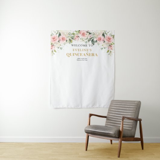 Moderne Boho blush roze bloemengoud Quinceanera Wandkleed (In situ)