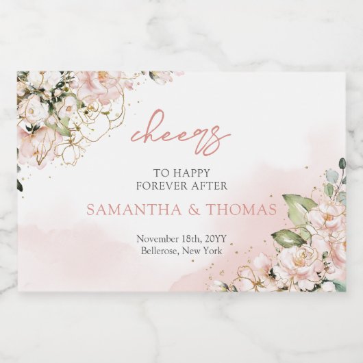 Moderne Boho blush roze bloemengoud schittert Sparkling Wijnetiket (Enkel label)