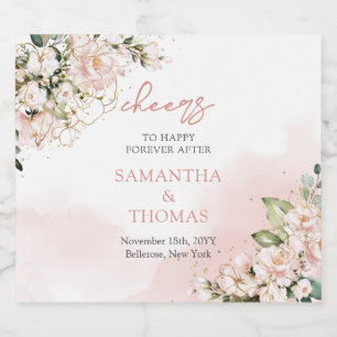 Moderne Boho blush roze bloemengoud schittert Sparkling Wijnetiket
