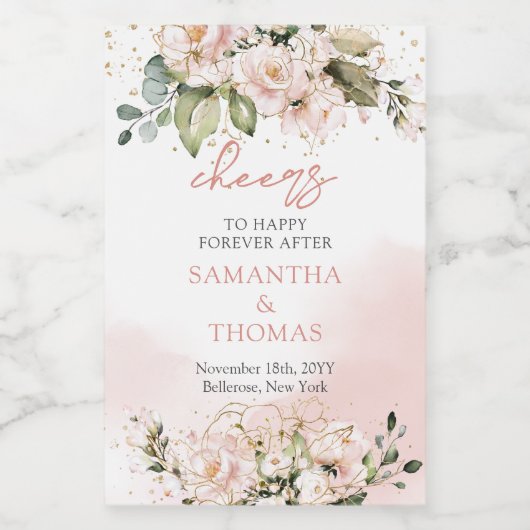 Moderne Boho blush roze bloemengoud schittert Wijn Etiket (Enkel label)