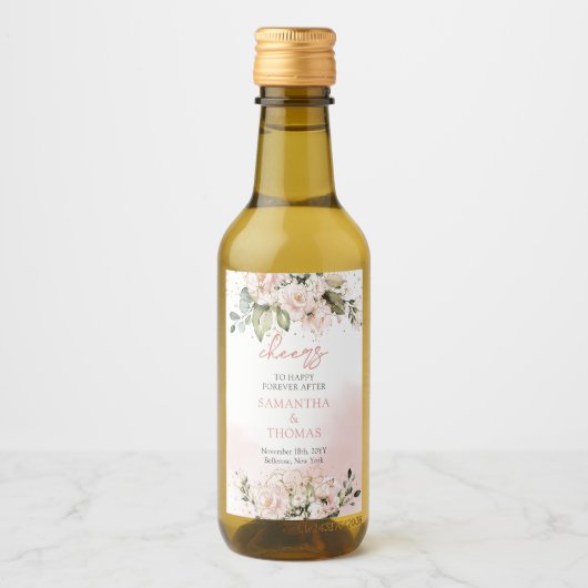 Moderne Boho blush roze bloemengoud schittert Wijn Etiket (Voorkant)