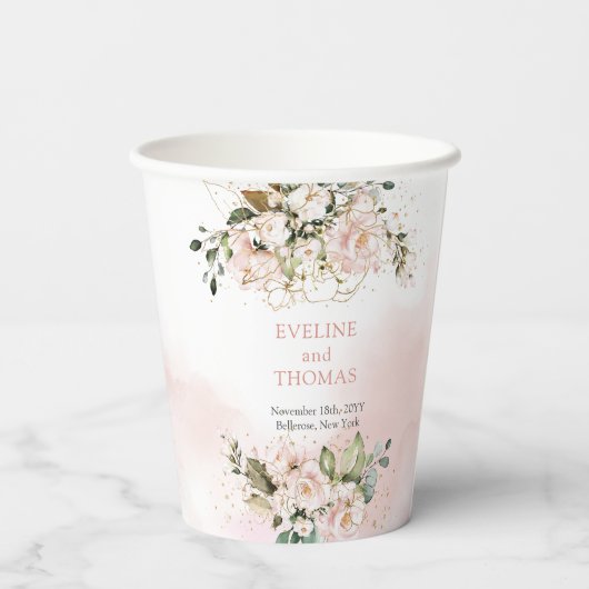 Moderne Boho blush roze bloemengoud sparkle bruilo Papieren Bekers (Achterkant)