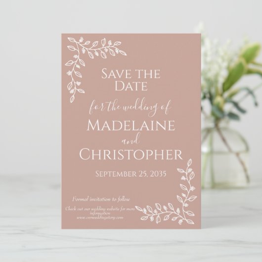 Moderne Boho Blush Roze Botanische Fotobruiloft Save The Date (Staand voorkant)