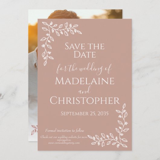 Moderne Boho Blush Roze Botanische Fotobruiloft Save The Date (Voorkant / Achterkant)