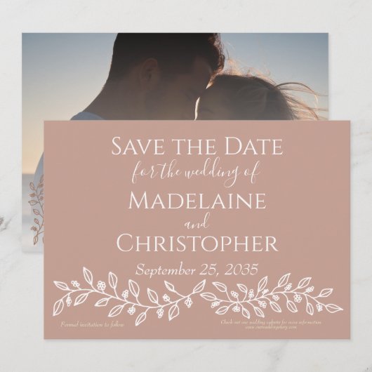Moderne Boho Blush Roze Botanische Fotobruiloft Save The Date (Voorkant / Achterkant)