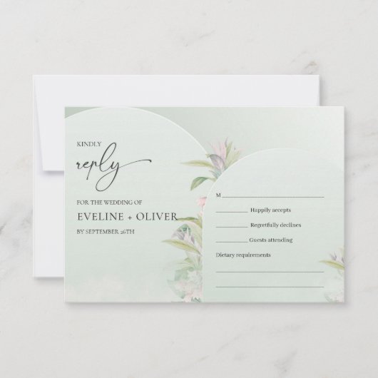 Moderne boho boho stoffige groene eucalyptus blush RSVP kaartje (Voorkant)