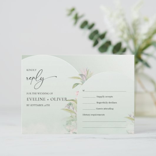 Moderne boho boho stoffige groene eucalyptus blush RSVP kaartje (Staand voorkant)