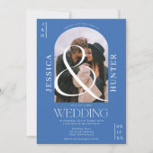 Moderne boho boog 2 foto's bruiloft retro blauw kaart (Voorkant)