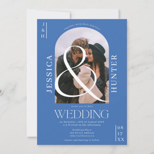 Moderne boho boog 2 foto's bruiloft retro blauw kaart (Voorkant)