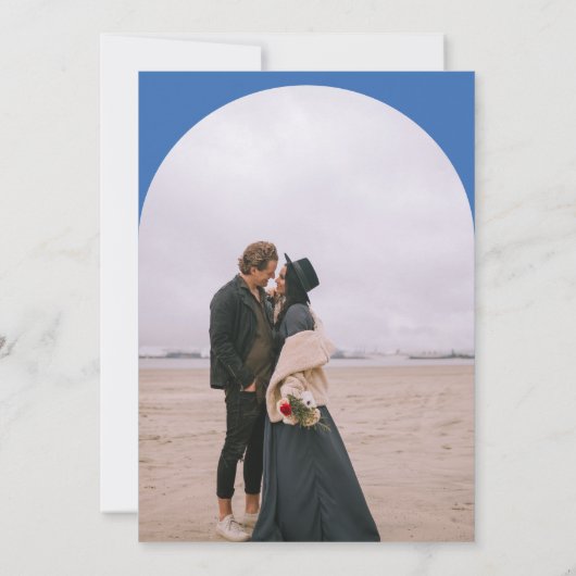 Moderne boho boog 2 foto's bruiloft retro blauw kaart (Achterkant)