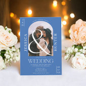 Moderne boho boog 2 foto's bruiloft retro blauw kaart