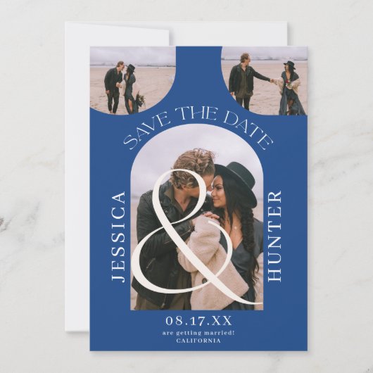 Moderne boho boog 4 foto's bruiloft blauw save the date (Voorkant)