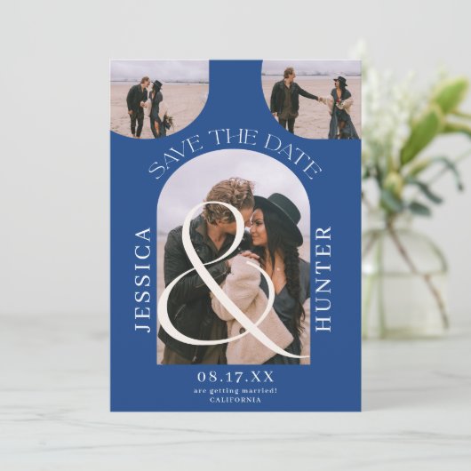 Moderne boho boog 4 foto's bruiloft blauw save the date (Staand voorkant)