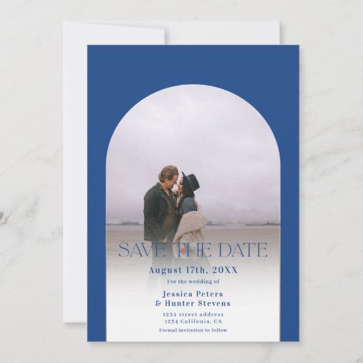 Moderne boho boog 4 foto's bruiloft blauw save the date (Achterkant)