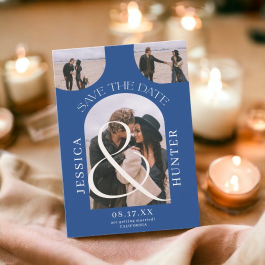 Moderne boho boog 4 foto's bruiloft blauw save the date