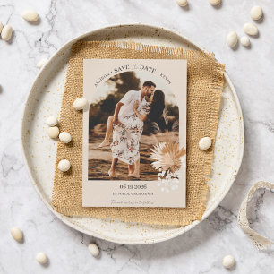 Moderne Boho boog foto minimalistische bruiloft Save The Date