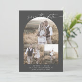 Moderne Boho Boog | Grijze Fotocollage Save The Date (Staand voorkant)