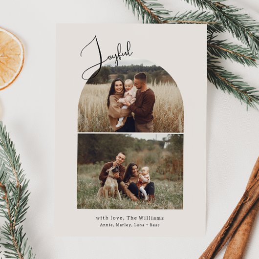 Moderne boho boog groen blije twee foto feestdagenkaart