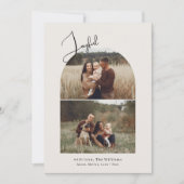 Moderne boho boog groen blije twee foto feestdagenkaart (Voorkant)