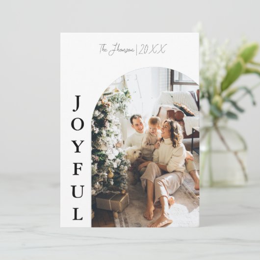 Moderne Boho boog Kerstmis familie foto vreugdevol Kaart (Staand voorkant)