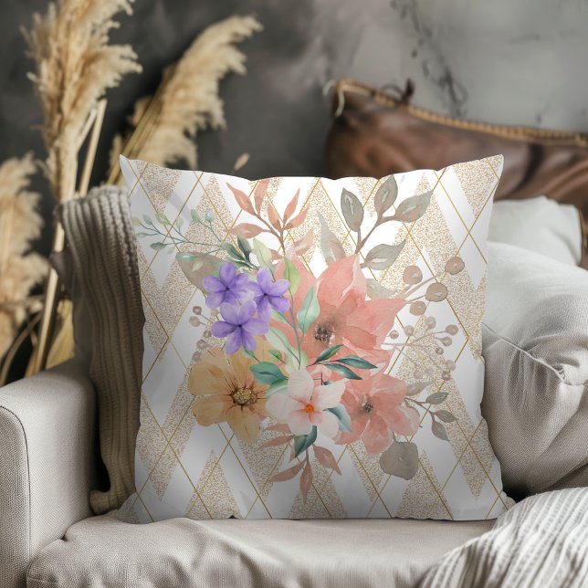 Moderne Boho Botanical met Glitter Chevron White Kussen (Creator heeft geüpload)
