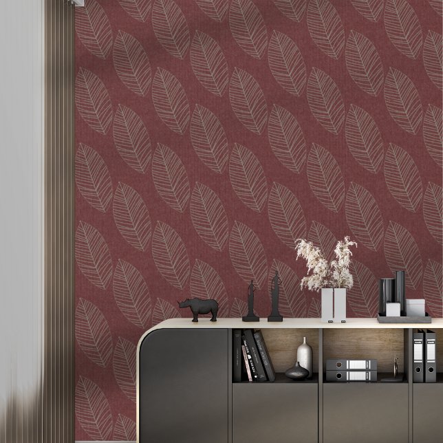 Moderne boho botanische bladeren op diep rode stof behang (Creator heeft geüpload)