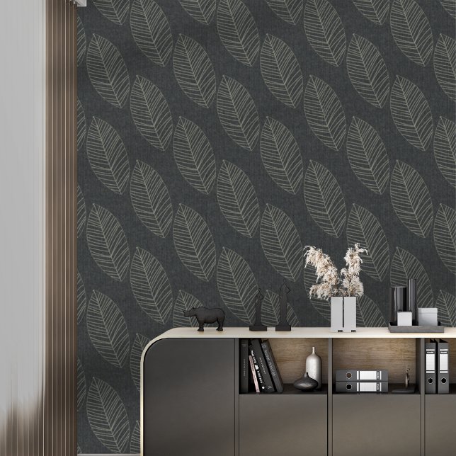 Moderne Boho Botanische Bladeren Op Zwarte Stof  Behang (Creator heeft geüpload)