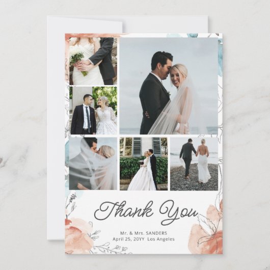 Moderne boho botanische multi fotocollage bruiloft bedankkaart (Voorkant)