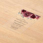 Moderne Boho Bourgogne Rood en Goud Bloemen Huweli Acryl Uitnodigingen (Laagn)