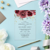 Moderne Boho Bourgogne Rood en Goud Bloemen Huweli Acryl Uitnodigingen (Insitu (Huwelijk))