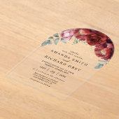 Moderne Boho Bourgogne Rood en Goud Bloemen Huweli Acryl Uitnodigingen (Laagn)