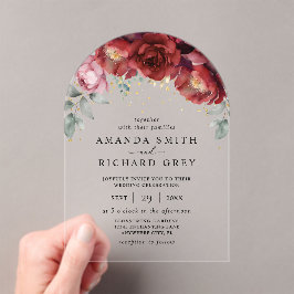 Moderne Boho Bourgogne Rood en Goud Bloemen Huweli Acryl Uitnodigingen