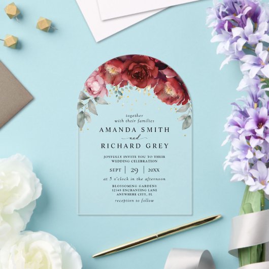 Moderne Boho Bourgogne Rood en Goud Bloemen Huweli Acryl Uitnodigingen (Insitu (Huwelijk))