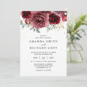 Moderne Boho Bourgogne Rood en Goud Bloemen Huweli Kaart (Staand voorkant)