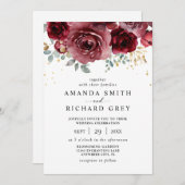 Moderne Boho Bourgogne Rood en Goud Bloemen Huweli Kaart (Voorkant / Achterkant)