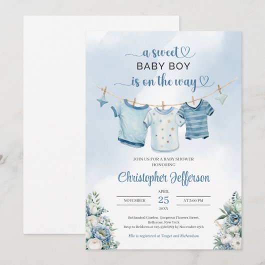 Moderne Boho Boy Baby shower Kleding Kaart (Voorkant / Achterkant)