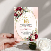 Moderne Boho Burgundy Gouden Bloem 16e Verjaardag 