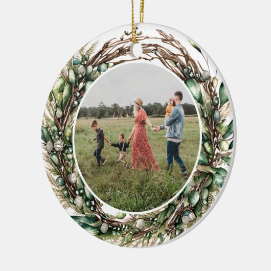 Moderne Boho Chic krans Bloemen Kerstfoto Keramisch Ornament (Links)