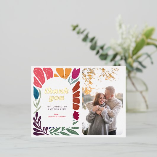 Moderne Boho Chic Retro Floral Dank u Folie Feestdagen Briefkaart (Staand Voorkant)