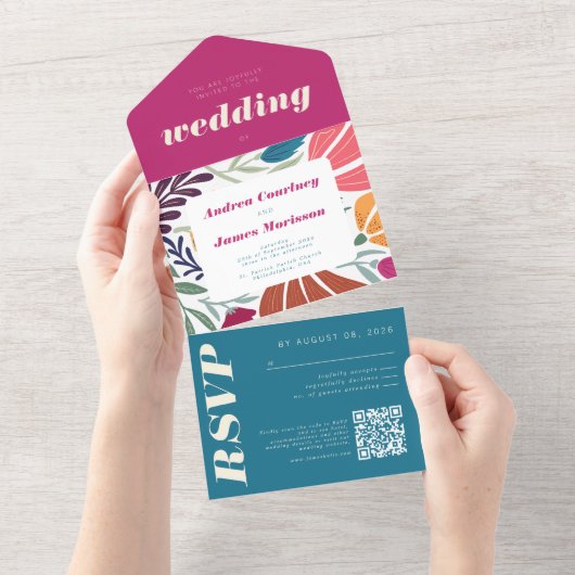 Moderne Boho Chic Retro Kleurrijke Bruiloft All In One Uitnodiging (Afscheurbaar)