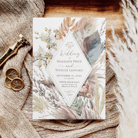 Moderne Boho Chic Waterverf Pampas Floral Wedding Kaart