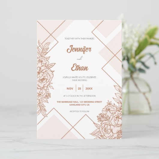 Moderne Boho Chique Pioen Botanische Bloem Bruilof Kaart (Staand voorkant)