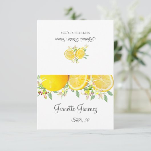 Moderne Boho citroen zomer bruiloft plaats kaart (Staand voorkant)