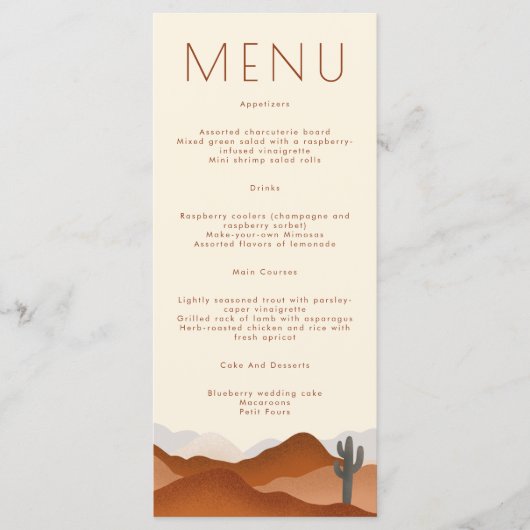 Moderne Boho Desert Cactus Bruiloft Menu (Voorkant)