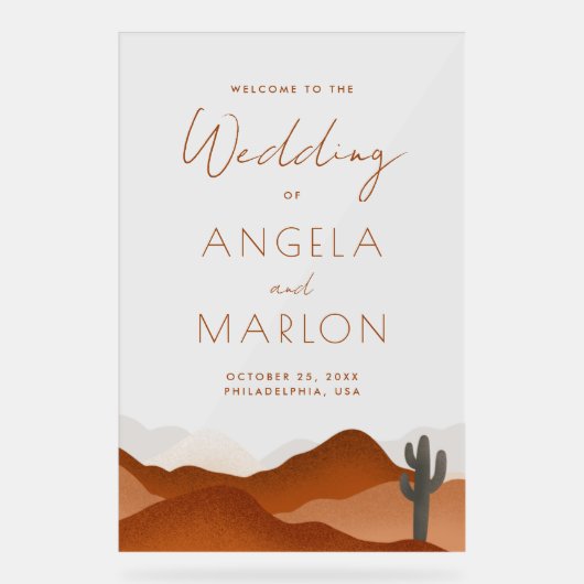 Moderne Boho Desert Mountain bruiloft welkom Acryl Bord (Voorkant)