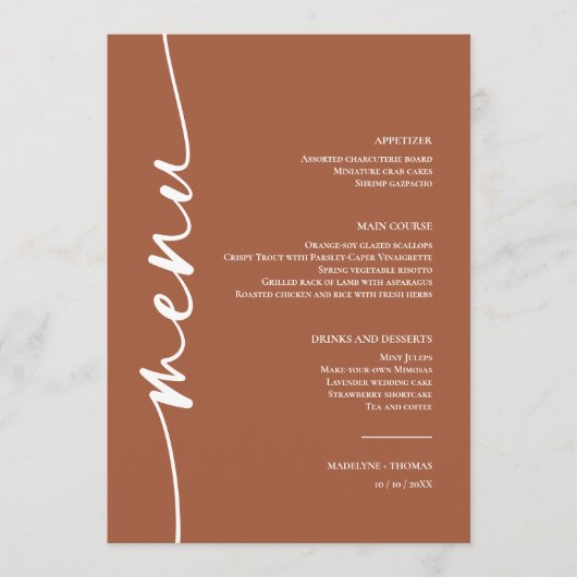 Moderne Boho Desert Terracotta Trouwdiner Menu (Voorkant)