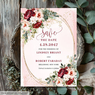 Moderne Boho Diep Rode Blush Gouden Bloem Save Dat Kaart