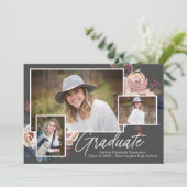 Moderne Boho Drie foto Bloemen Graduation Party Kaart (Staand voorkant)
